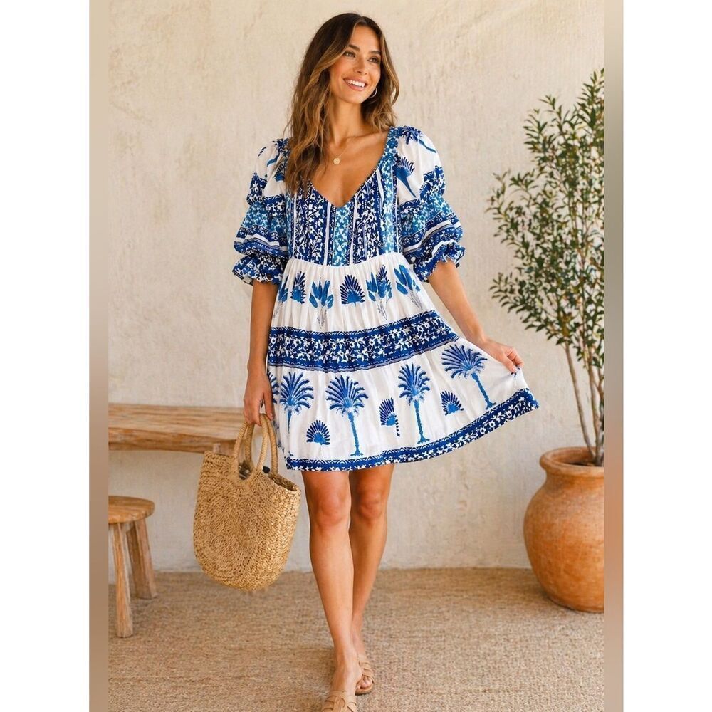 Ash & Eden Blue White Palm Print Puff Sleeve Mini Dress Size L -NWOT